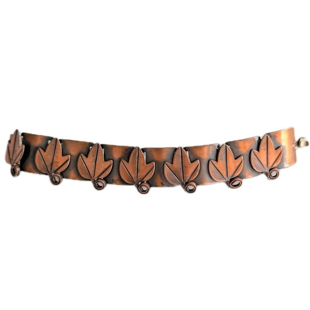 REBAJES Vintage Copper Panel Bracelet Leaves Coiled Stem Mid Century Modern 7in